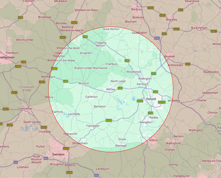 Map showing an approximate fifteen-mile service area around Witney, including Oxford